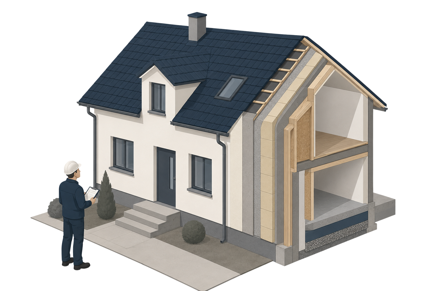 Illustration Baugutachter bei der Gebäudebegehung